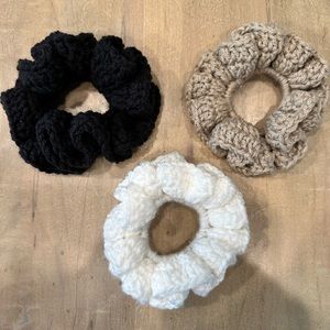 Handmade, crochet scrunchies in sets of three